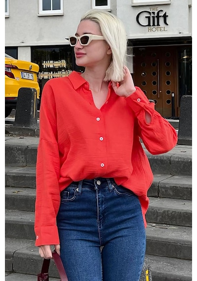 Madmext Kırmızı Muslin Kumaş Basic Kadın Gömlek Mg1660-kırmızı Kırmızı