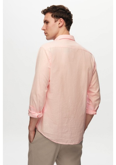 D'S Damat Ds Damat Slim Fit Pembe Düğmeli Yaka %100 Pamuk Yazlık Flamlı Keten Görünümlü Gömlek 6HC02ORT63265 Pembe