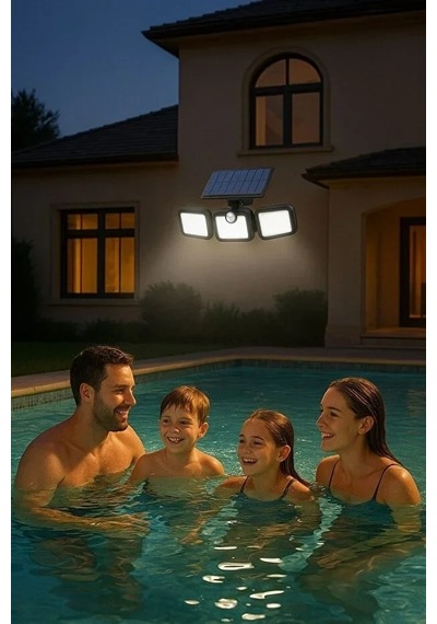 Üçlü Solar Led Projektör - Beyaz Işık - Sensörlü Dış Mekân Aydınlatma Bx40