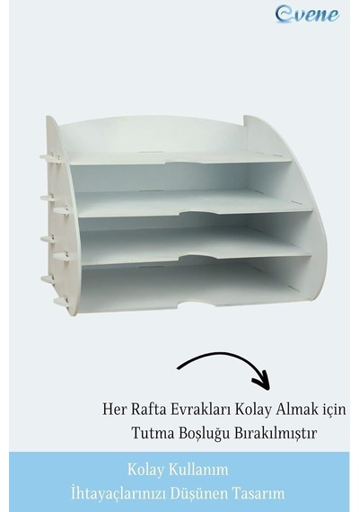Evene Dosya Düzenleyici Masa Üstü Organizer Ahşap Evrak Raflı Model 3, Beyaz