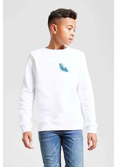 Tshirthane Watercolor Feather Baskılı Unisex Çocuk Beyaz Sweatshirt Beyaz