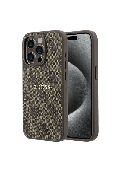 İphone 15 Pro Uyumlu Kılıf Guess Lisanslı M-safe Kabartmalı 4g Desenli Yazı Logolu Kapak Kahverengi