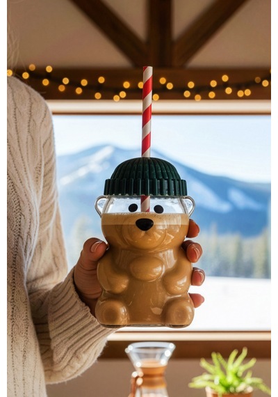 Snippy Bear - Cam Ayıcık Bardak Pipetli Kahve Bardağı Barista İçecek Bardağı 550 Ml Şeffaf
