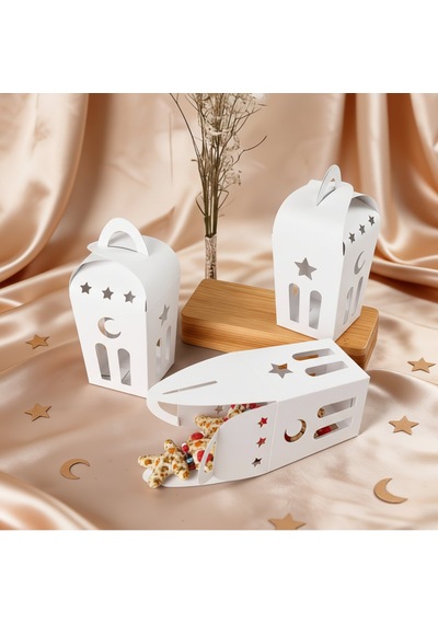 Ramazan Temalı Dekoratif Beyaz Fener Kutusu, Ay Yıldız Kesim Hediyelik Kutu Seti, 6x9 Cm - 12 Adet