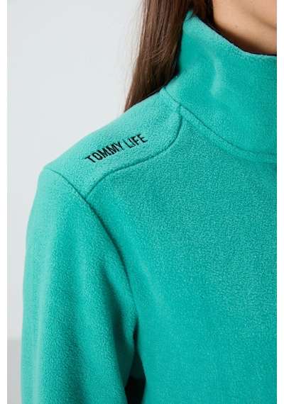 Tommy Life Deniz Yeşili Dik Yaka Fermuarlı Rahat Form Kadın Polar Sweatshirt - 97173 Yeşil