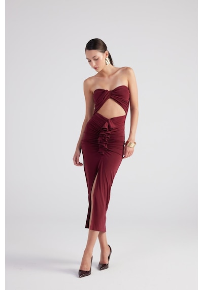 Holly Lolly Büzgü Detaylı Straplez Yırtmaçlı Hailey Elbise Bordo