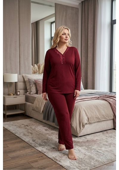 Eyfuze Kadın Büyük Beden Desenli Yakası Düğmeli Uzun Kollu Bambu Pijama Takımı Bordo