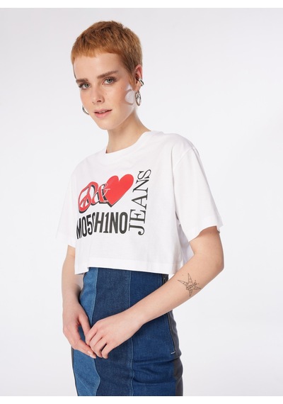 Moschino Jeans Beyaz Kadın Yuvarlak Yaka Baskılı T-shirt 241k1j0703