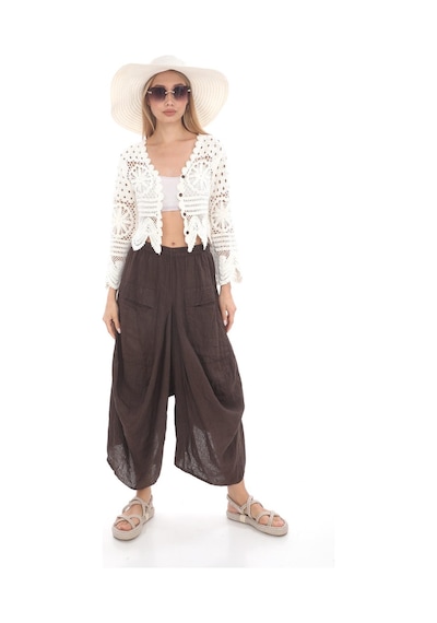 Bohem Stil İtalyan Cepli Keten Şalvar Pantolon Cmn00154 Kahverengi
