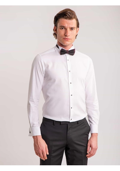 Dufy Beyaz Erkek Slim Fit Çizgili Ata Yaka Uzun Kol Gömlek - 58623-beyaz Beyaz