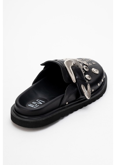 Luvishoes Luvi Shoes Maril Siyah Cilt Hakiki Deri Kemerli Tokalı Burnu Kapalı Kadın Terlik Siyah