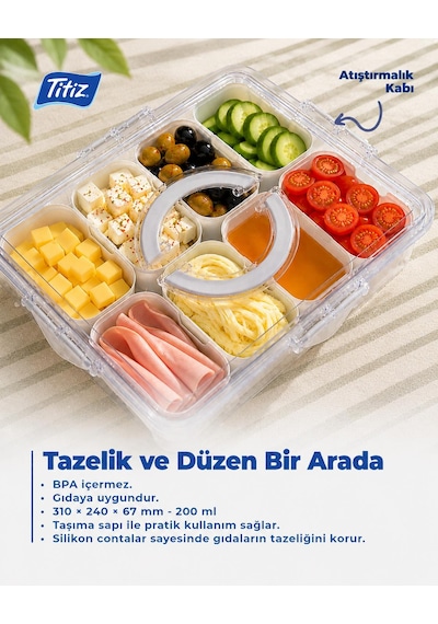 Çok Amaçlı Atıştırmalık Kabı 8 Bölmeli Taşınabilir Kahvaltılık Çerez Saklama Kutusu 310x240x68 Mm Çok Renkli