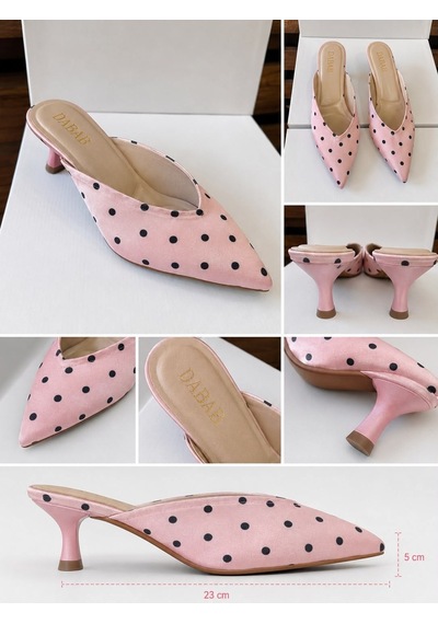 Dabab Shoes Sevılla Puantiye Desenli Pembe Saten Sivri Burunlu 5 Cm İnce Topuklu Mule Terlik