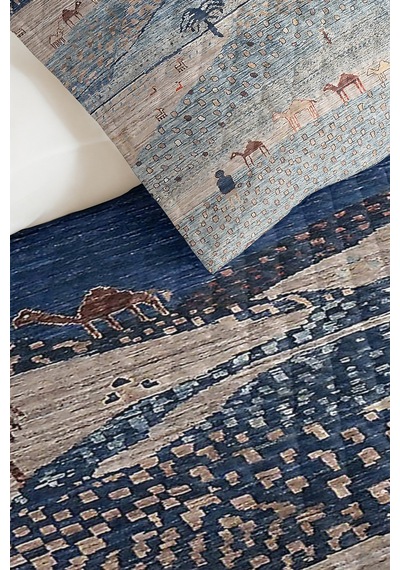 Mavi Etnik Genç Odası Tek Kişilik Pike Takımı - Bohem Deve Figürlü 160x220 Cm Kapitone Yatak Örtüsü Altın
