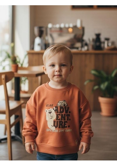Zekids Erkek Bebek Ayıcık Desenli İnce Uzun Kollu T-shirt-16346 Kahverengi
