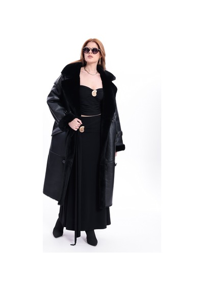 M M Marki Marki Kadın Hakiki Deri Uzun Palto Siyah Oversize Kruvaze Düğmeli İçi Kürklü 115 Cm M M Marki Marki Kadın Hakiki Deri Uzun Palto Siyah Oversize Kruvaze Düğmeli İçi Kürklü 115 Cm
