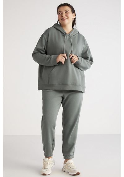 ETHIQUET TEREZABB Kadın Içi Polarlı Yumuşacık Comfort Fit Kapüşonlu Kanguru Cep Yeşil Büyük Beden Sweatshirt