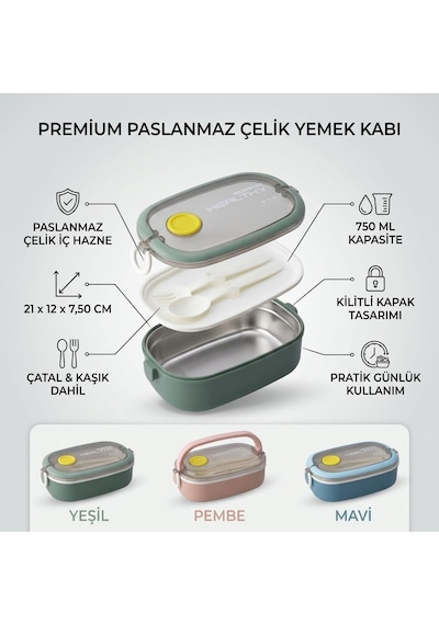 Paslanmaz Çelik Yemek Kabı 750 Ml, Çatal Kaşık Dahil, Kilitli Kapaklı Lunch Box, Yemek Taşıma Ve Saklama Kabı, 21x12x7,50 Cm, Yeşil/pembe/mavi Çok Renkli