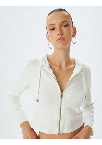 Koton Kapüşonlu Crop Sweatshirt Basic Fermuarlı Viskon Ekru 5wak10070ek Ekru