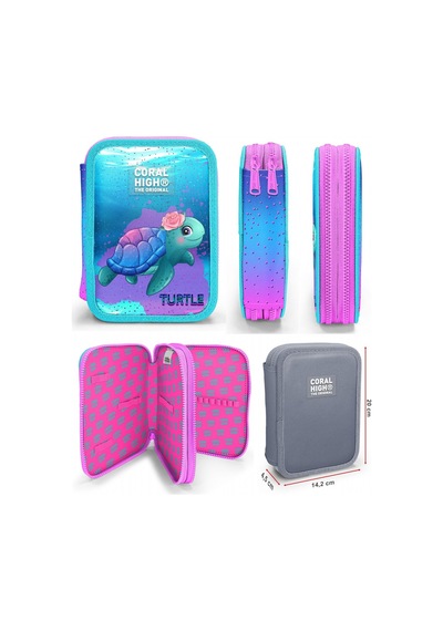 Coral High Turkuaz Pembe Kaplumbağa Kız Çocuk Okul Çantası Ve Organizer Kalemlik Seti 23497+11134 Turkuaz - Pembe
