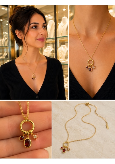 Kırmızı Kristal Charm Kolye Gold