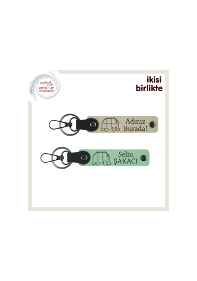 Sade Ve Anlamlı Bir Hediye, Karavan Temalı Kişisel Anahtarlık X2 Li, İsim Yazılı, S Kahve-a Yeşil