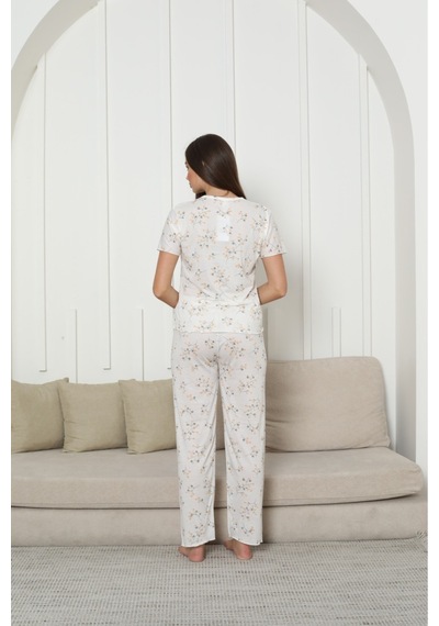 SUDE HOMEWEAR Kadın Örgü Kumaş Blue Flower Pattern Kısa Kol Pijama Takımı Sarı