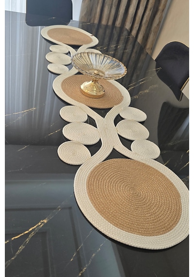 Dekoratif Örgülü 30x100 Cm Runner Şık Masa Orta Sehpa Üstü Dekoratif Sofra Aksesuarı Bej