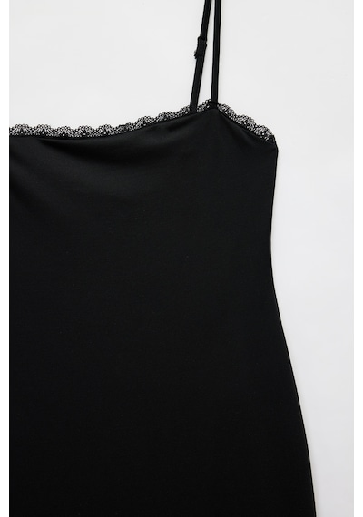 Koton Slim Fit Dantel Detaylı Uzun İnce Askılı Penye Elbise Siyah 5sak80486ek Siyah