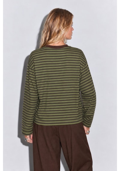 Hiccup Bıpantolon Kadın Oversize Çizgili Bisiklet Yaka Sweatshirt Yeşil