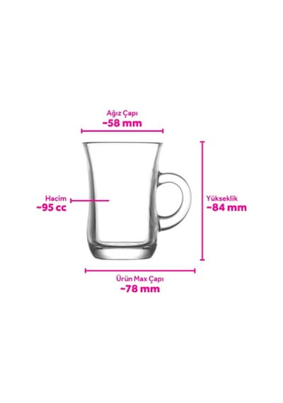 Lav Yudum Cam Kulplu Çay Bardağı 6 Kişilik 95 ml Kulplu