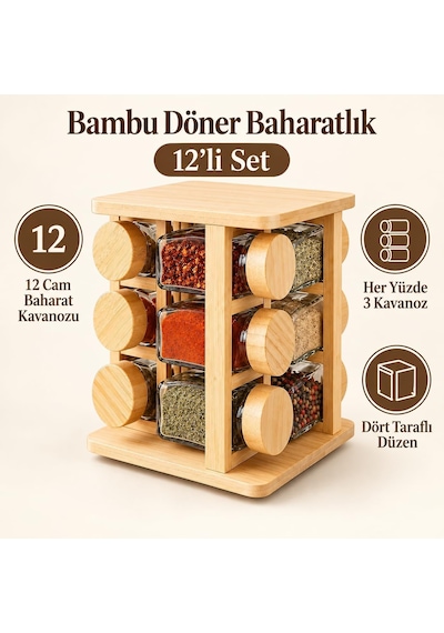 Bambu Döner Standlı 12 Li Cam Baharatlık Seti, Bambu Kapaklı 12 Kavanoz, Üç Katlı Dört Taraflı Baharat Standı, Şeffaf Tezgah Üstü Mutfak Düzenleyici Çok Renkli