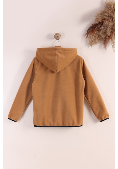 Monox Lastik Manşetli Fermuarlı Kapüşonlu Çocuk Unisex Polar Ceket Camel