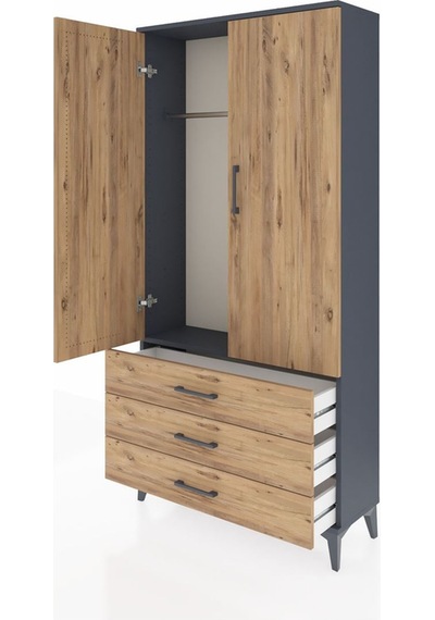 Arges Dolap Tek Raflı 3 Çekmeceli Tek Askılı 88x30x182 Antras... Antrasit
