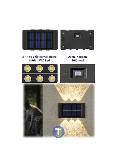 2 Adet Solar Sensörlü Duvar Lambası 6 Led Çift Yönlü Aydınlatma, Güneş Enerjili Dış Mekan Apliği