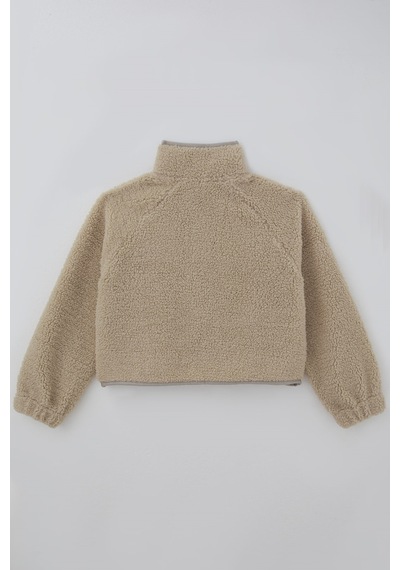Orko Kız Çocuk Peluş Crop Hırka Kontrast Şerit & Dekoratif Yazı Arma Detaylı Fermuarlı 10-16 Yaş , Bej