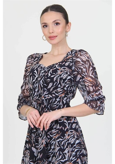 Neşeli Butik Kadın Siyah Kalp Yaka Yeni Sezon Desenli Şifon Elbise Ry0030 Siyah