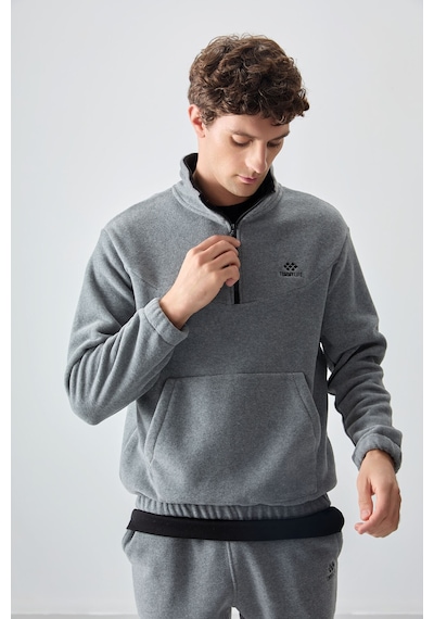 Tommy Life Gri Melanj Yarım Fermuar Dik Yaka Lastik Paça Polar Erkek Eşofman Takımı - 85159 GRİ MELANJ