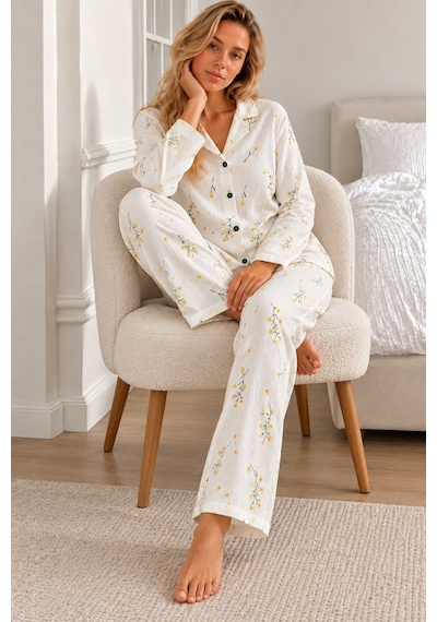Womanandkids Kırmızı Kadın Gömlek Yaka Düğmeli Pijama Takımı Ekru
