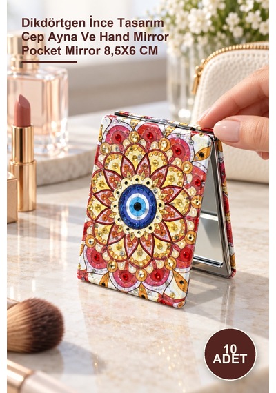 10 Adet Taşlı El Aynası Dikdörtgen İnce Tasarım Cep Ayna Ve Hand Mirror Pocket Mirror 8,5x6 Cm