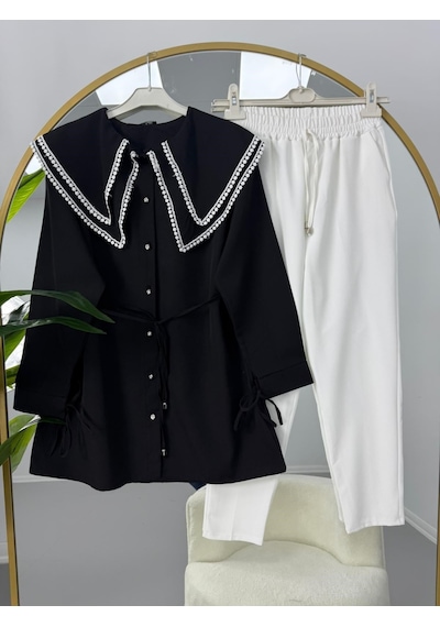 Lovie Moda Vintage Yaka Pantolonlu Takım Siyah