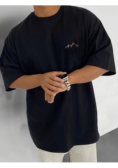 Uyguntarz Unisex Dağ Baskılı Oversize Tshirt Siyah