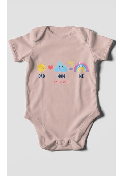 Morivokids Dad Mom Me Sweet Family Kısa Kollu Bebek Body %100 Pamuk Pastel Pembe
