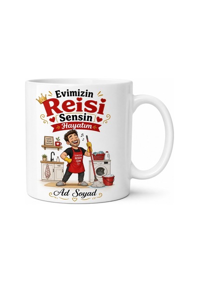 Evimizin Reisi Sensin Hayatım Esprili Kılıbık Koca Kupası Hediye Bardak Beyaz / Çok Renkli