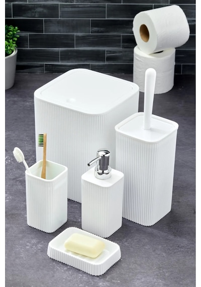 Palermo Kare Çizgi Model 5'li Banyo Seti Gold Detaylı Sabunluk Beyaz Beyaz