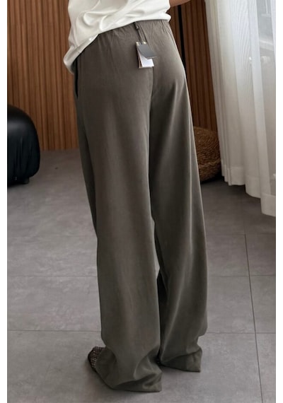 Feela Moda 2008 Bağcıklı Beli Lastikli Yıkamalı Modal Dokuma Palazzo Kadın Pantolon Haki