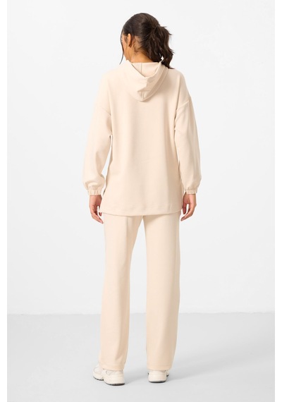 Bej Yumuşak Dokulu Kapüşonlu Oversize Kadın Eşofman Tunik Takım - 95348 Bej