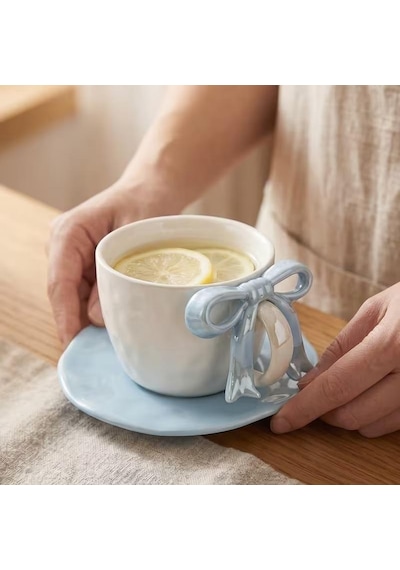 Valkyrie Ribbon Serisi 2 Parça 380 Ml Mavi Fiyonklu Tabaklı Çay Kahve Kupa Fincan Seti
