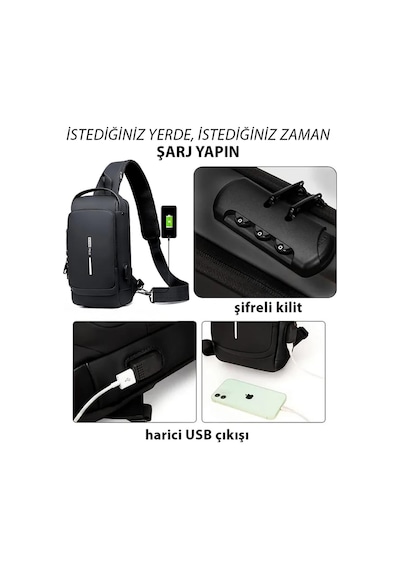 Newish Polo Vegan Deri Ayarlanabilir Çapraz Askılı Unisex Göğüs Omuz ve Bel Mini Sırt Çantası - Siyah