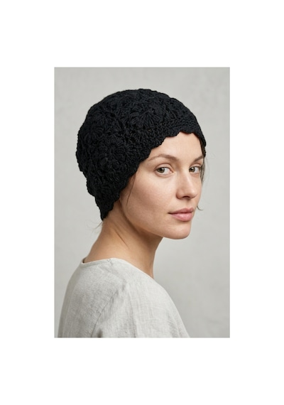 Emybox El Örgüsü Siyah Kadın Bere Tığ İşi Çiçek Motifli Bohem Kışlık Şapka - Vintage Stil Yumuşak Örgü Bere Modeli